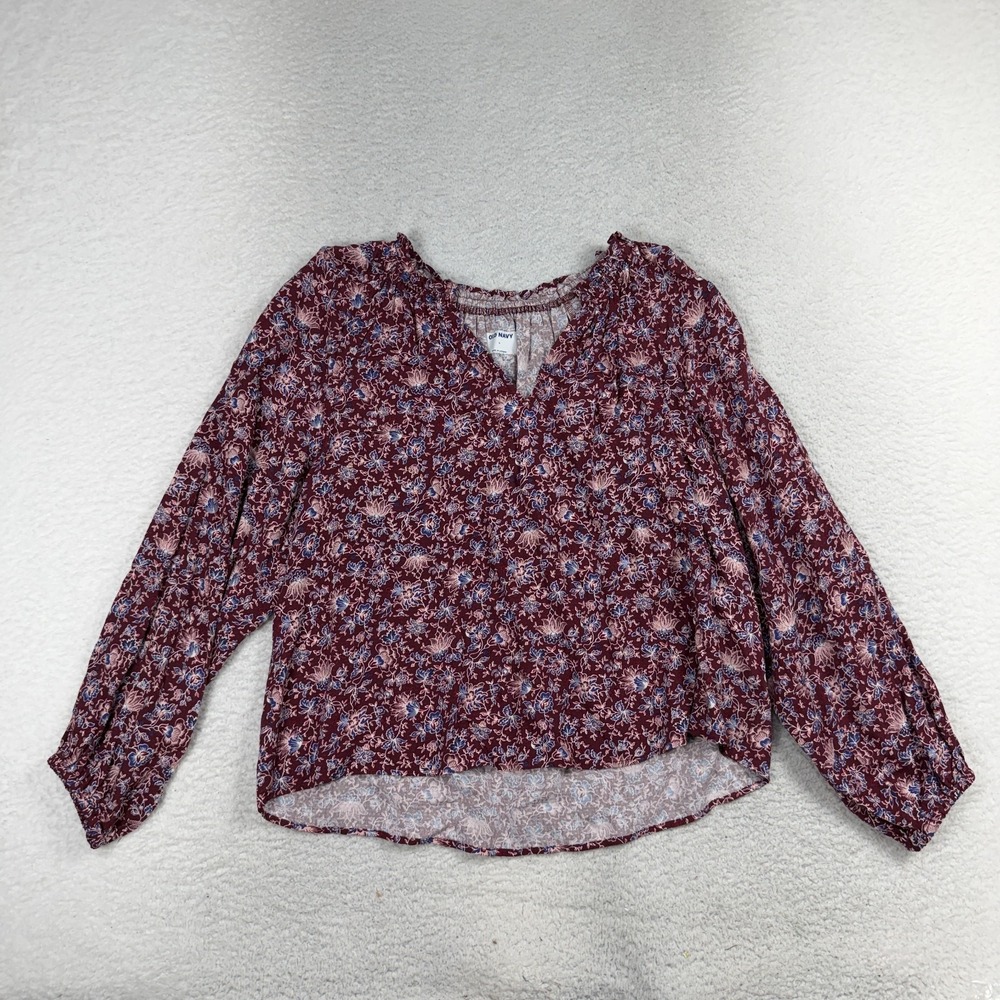 Old Navy Blouse Womens Large Burgundy Floral Long Sleeve Boho Top NWT